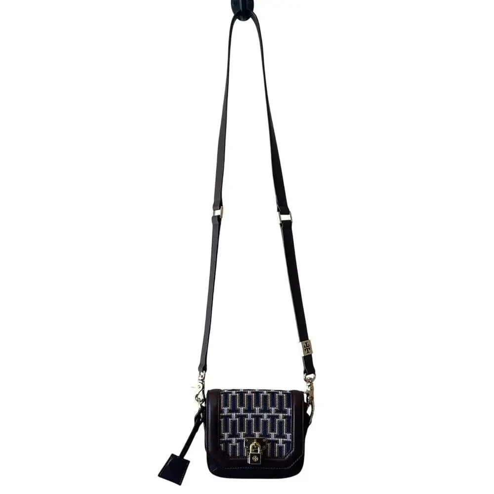 Tory Burch Mini Crossbody Navy Brown Logo Jacquard‎ Lock Bag